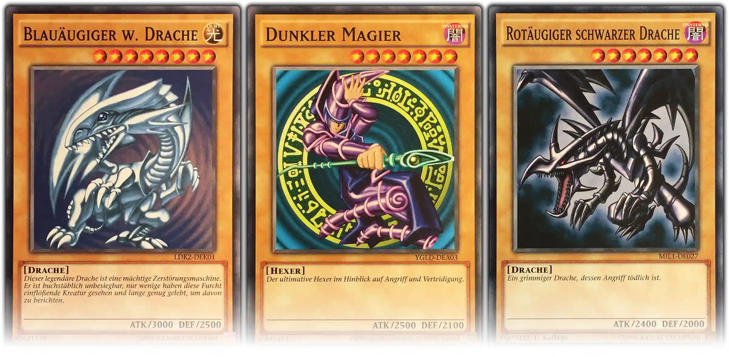 Yu-Gi-Oh! Blauäugiger W. Drache, Dunkler Magier, Rotäugiger schwarzer Drache Karten